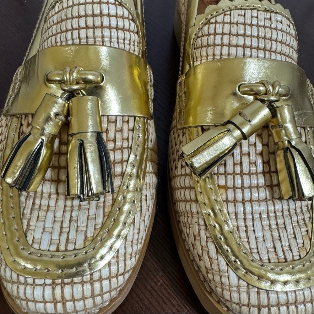 TORY BURCH Raffia & Metallic Gold Leather Trims Loafers in size 6 New - Picture 8 of 15
